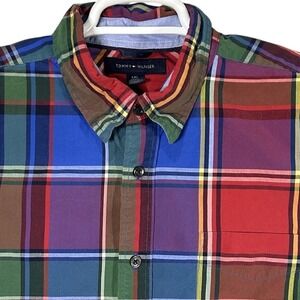 Tommy Hilfiger Mens L Blue Red Green Plaid‎ Casual Long Sleeve Button Up Shirt